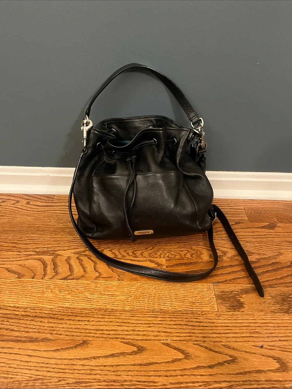 Coach Avery Black Leather Drawstring Bucket Bag (Model F27003) COA